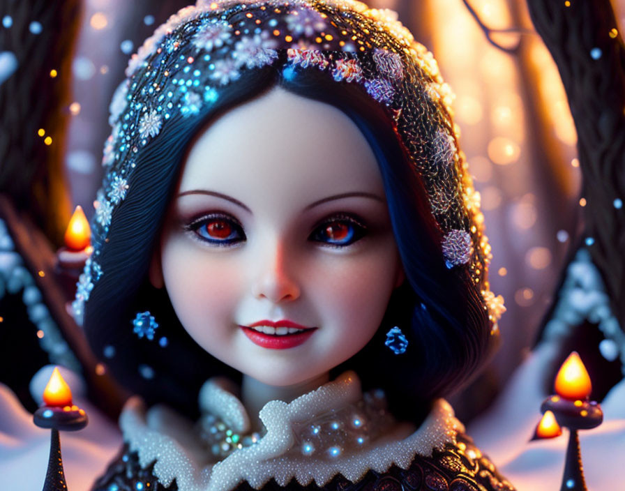 Porcelain doll with dark hair, beaded outfit, candles, and bare branches