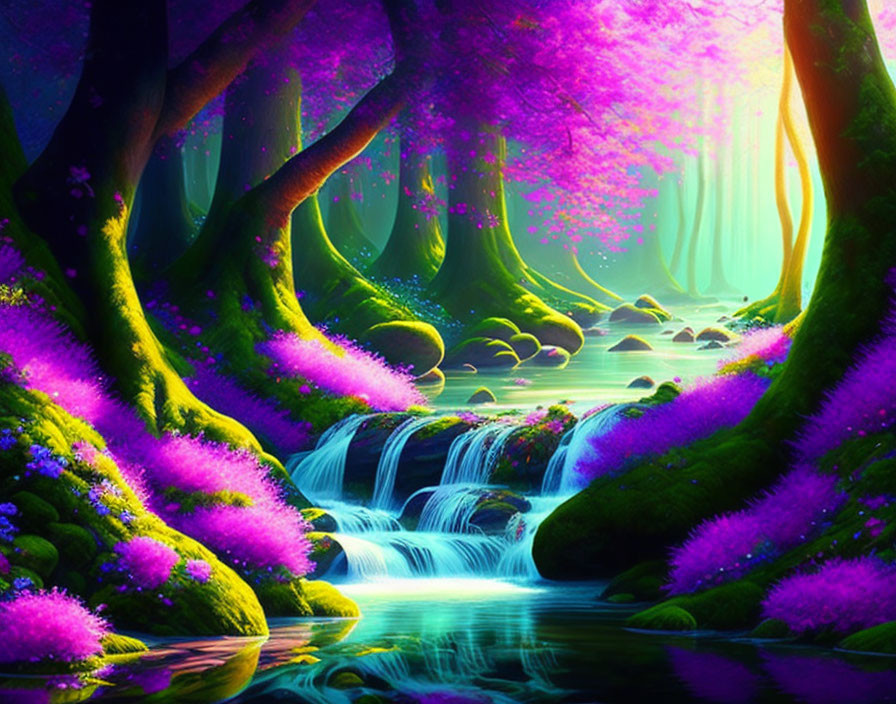 Majestic fantasy forest with glowing light and purple foliage