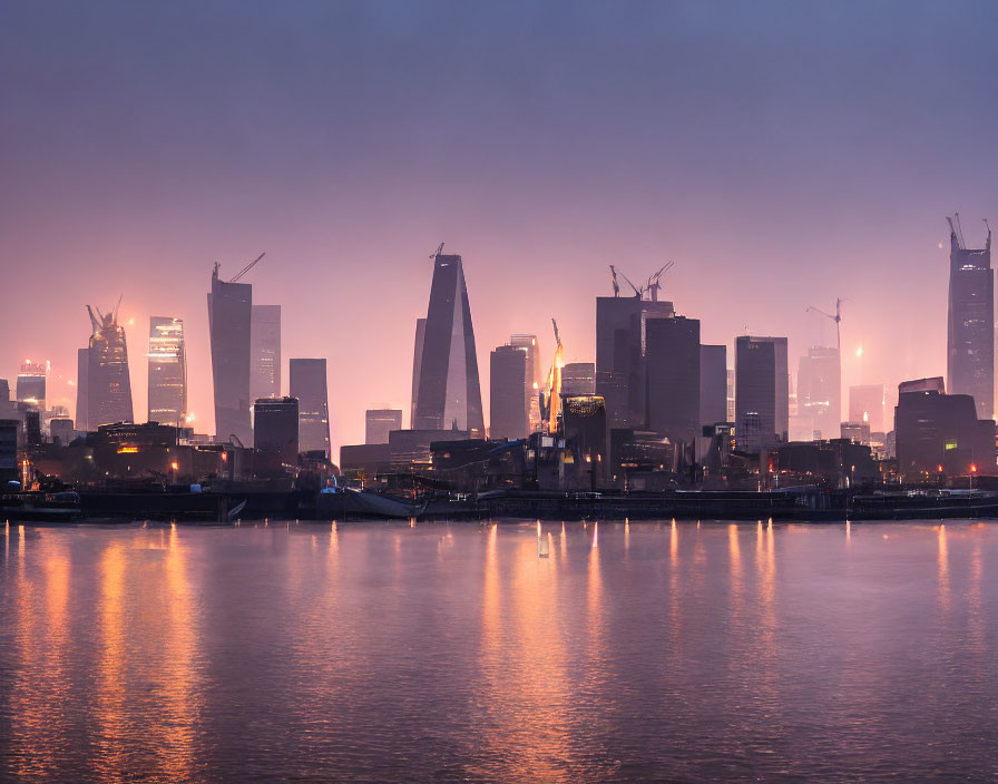 Twilight cityscape with skyscrapers in foggy haze