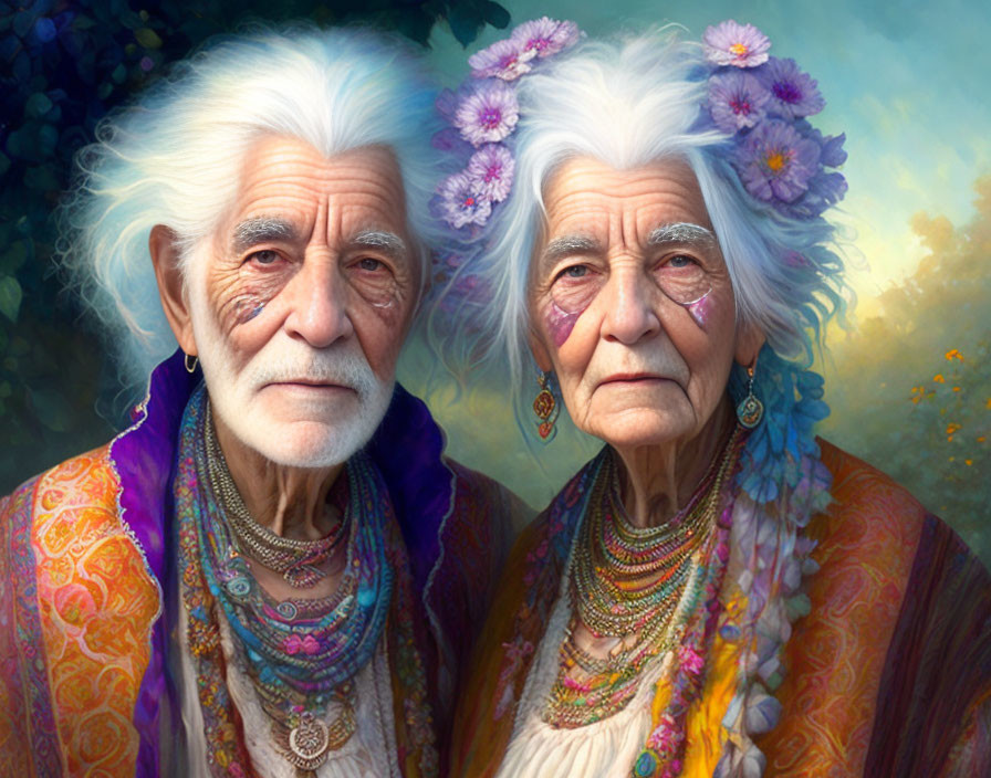 Elderly couple with white hair and colorful flowers in bohemian style