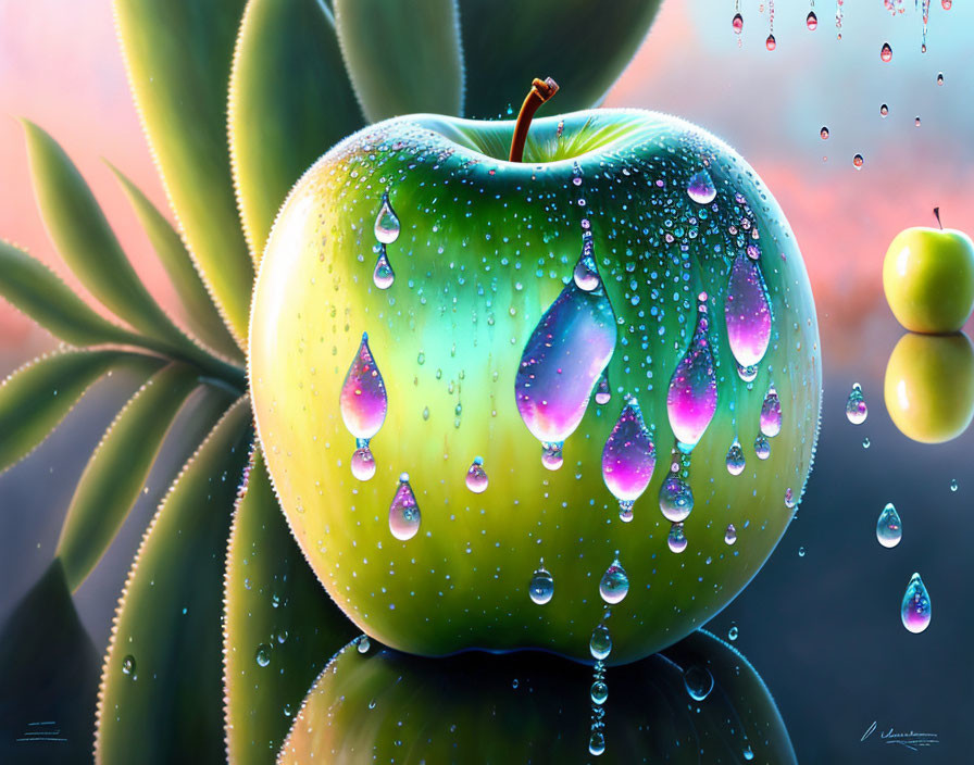 Hyperrealistic Painting of Dew-Covered Green Apple with Water Droplets