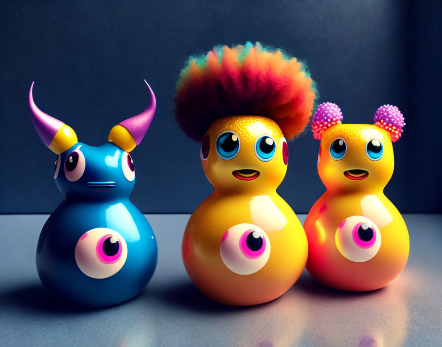 Colorful toy creatures with large eyes and unique decorations on dark background