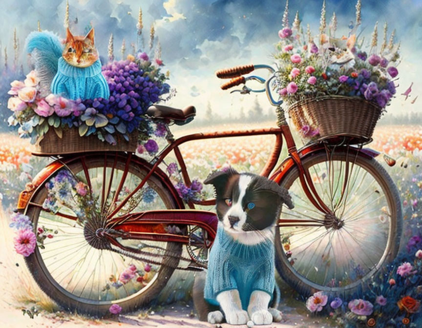 Colorful painting of kitten and puppy in sweaters on bicycle with flowers