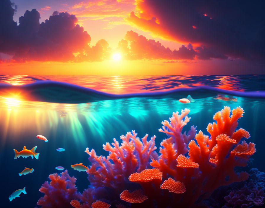 Colorful Ocean Sunset with Corals, Fish, and Dramatic Sky