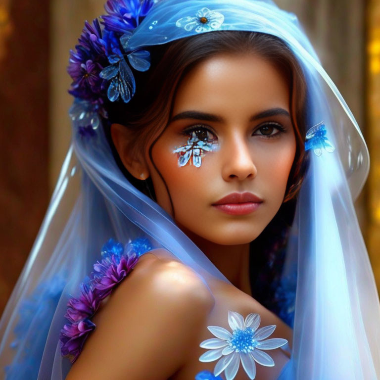 Bride with translucent veil and blue-white floral accents