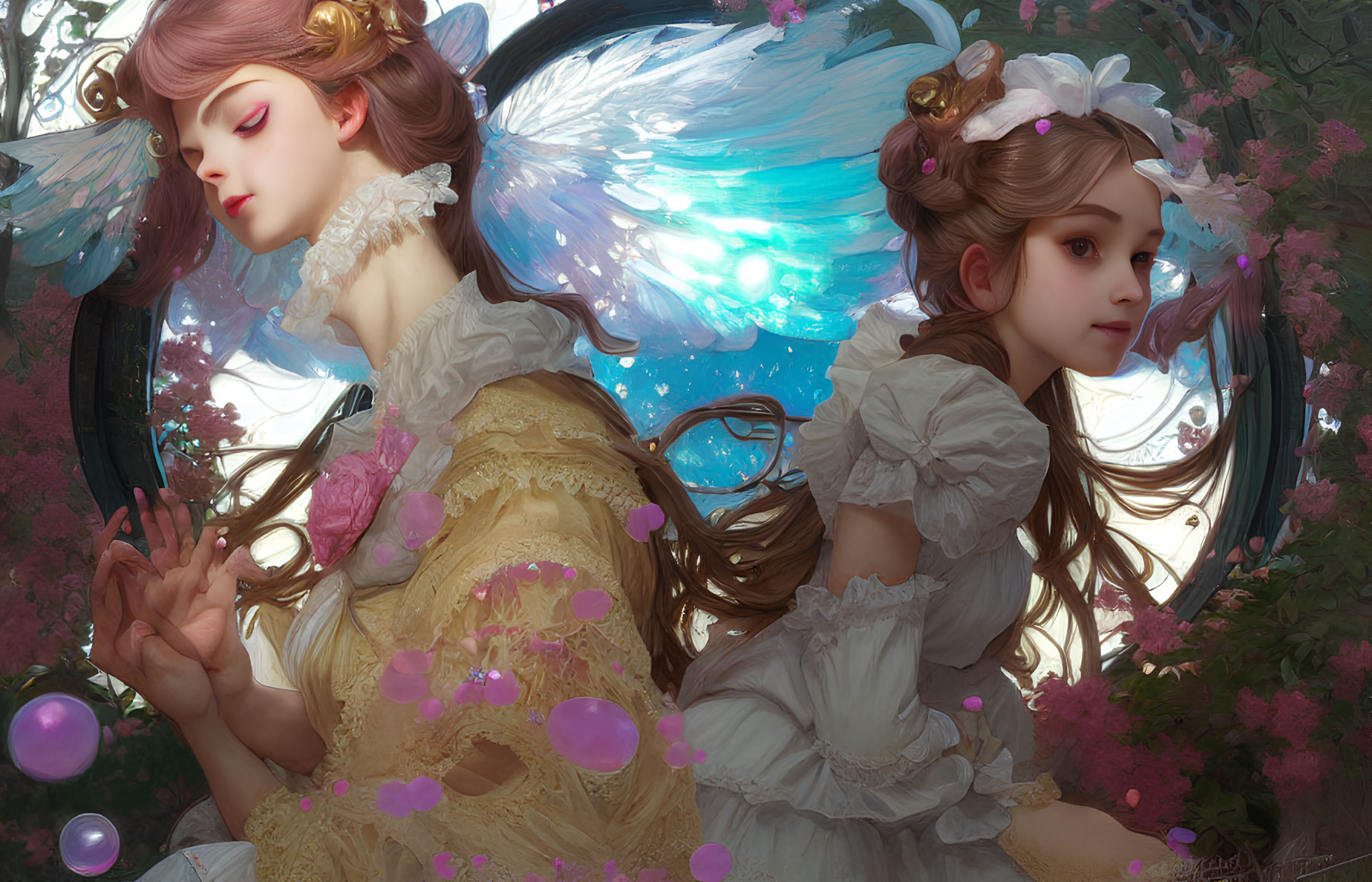 Ethereal figures with translucent wings in pink blossoms