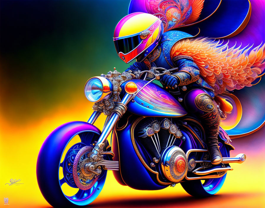 Colorful artwork: Animated character on motorcycle with wings, vibrant gradient background