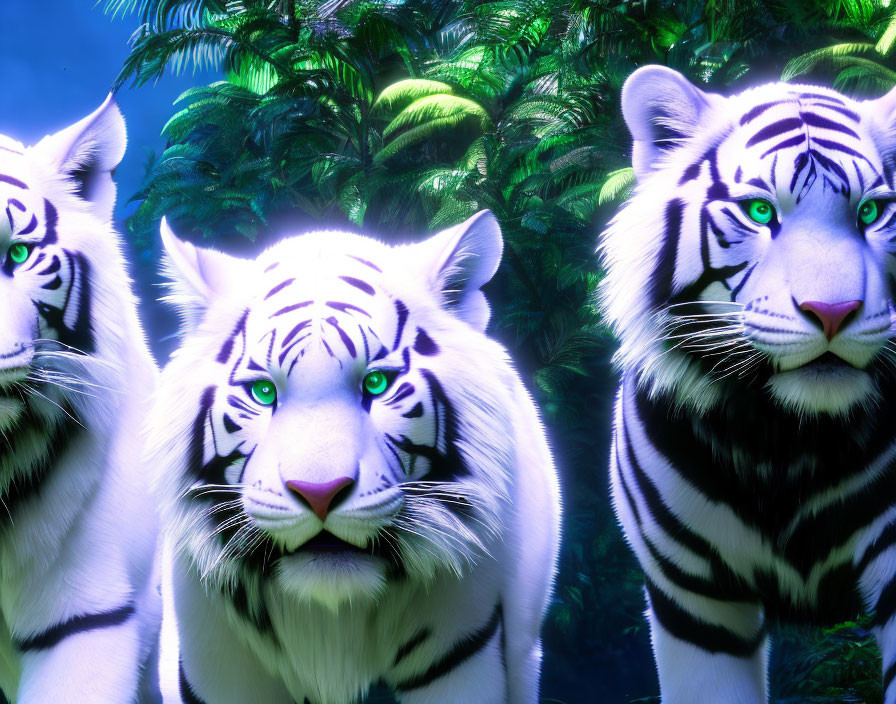 Three White Tigers with Blue Eyes in Lush Jungle Scene