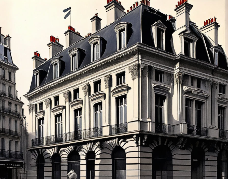 European Building with White Walls, Wrought Iron Balconies, Attic Windows, and Mansard