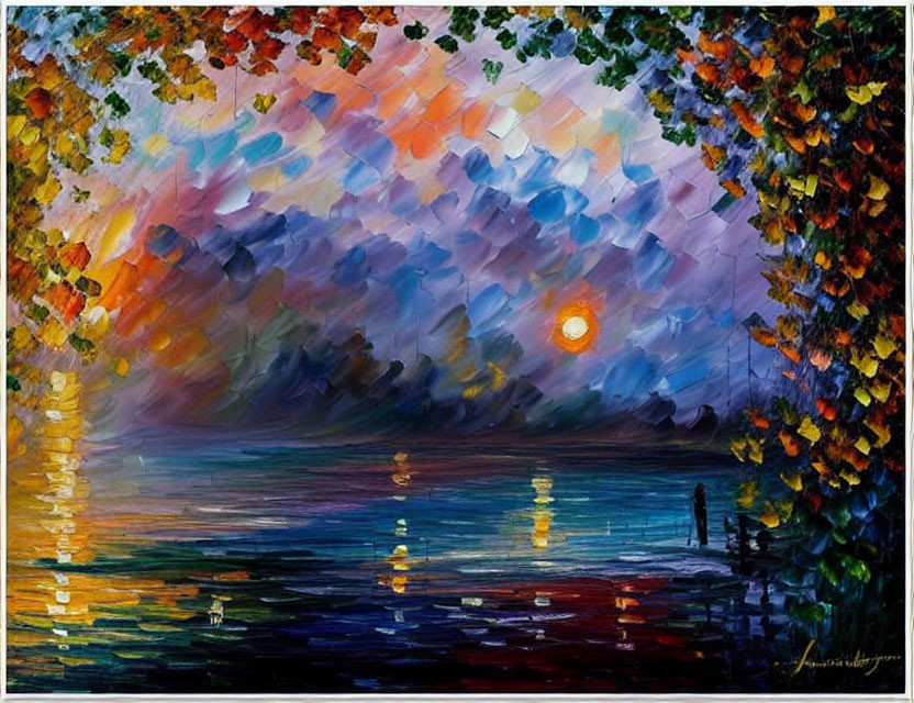 Vibrant sunset reflection painting with silhouettes of people and trees