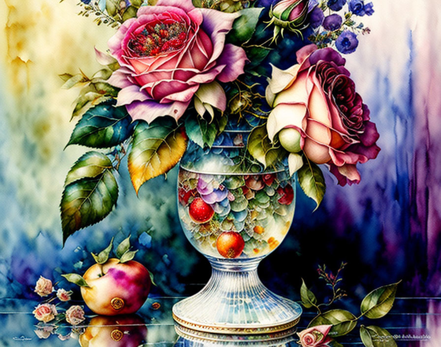 Vivid painting of roses and fruits in a vase on colorful backdrop