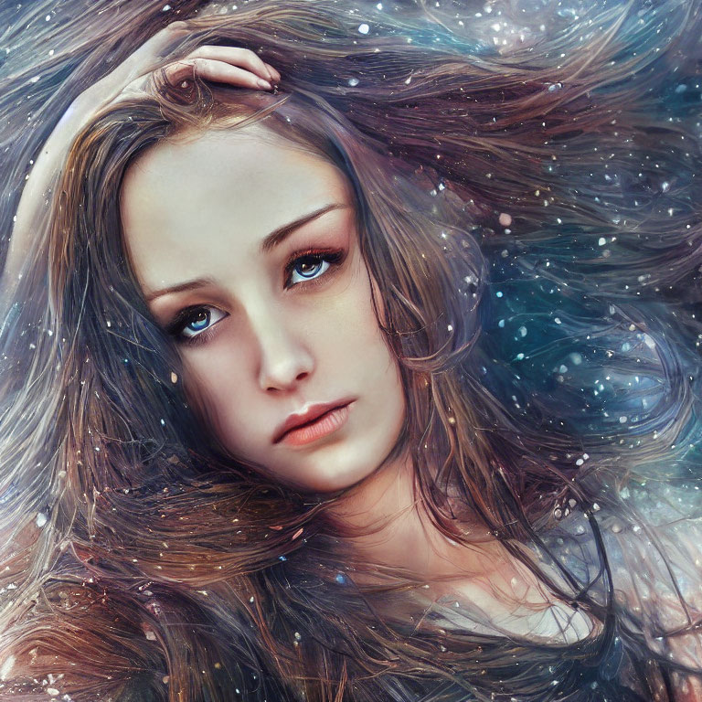 Digital Artwork: Young Woman with Cosmic Elements and Ethereal Ambiance