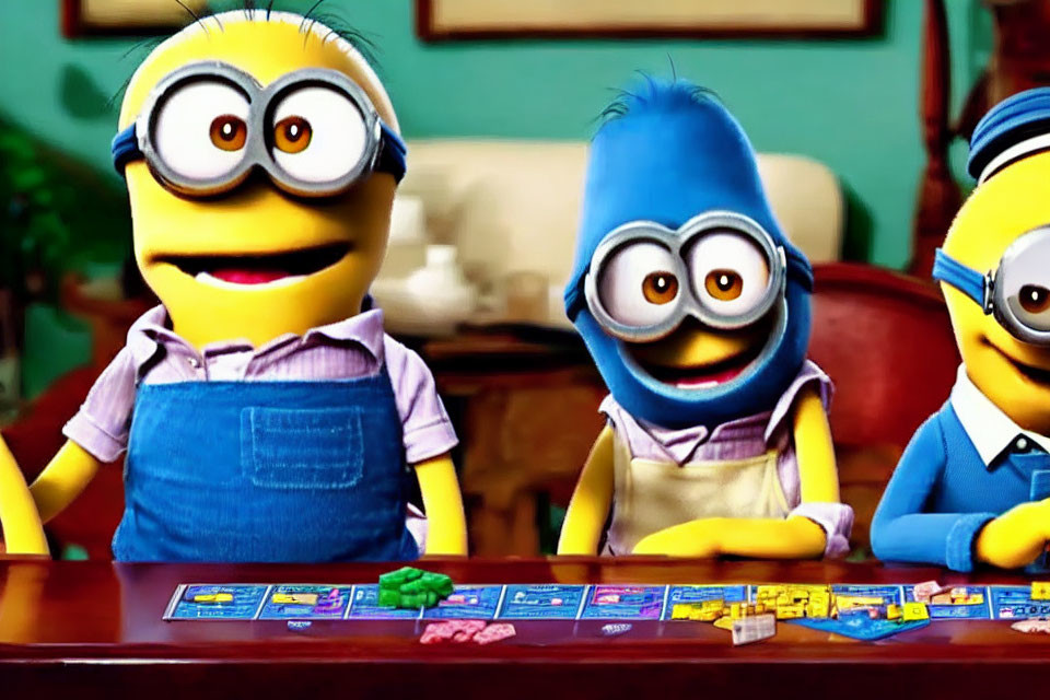 Three animated Minion characters playing colorful board game at table