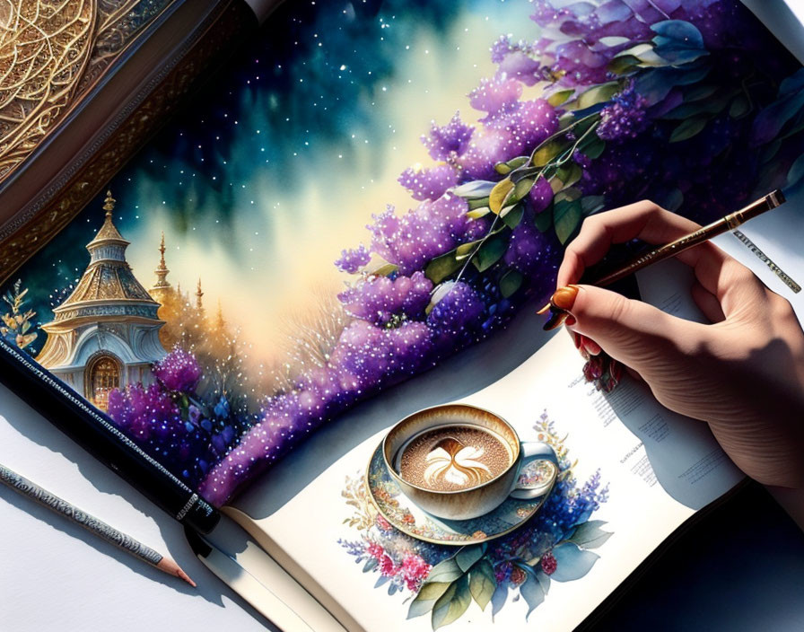 Hand-drawn fantasy landscape with castle, blossoms, and starry sky in sketchbook next to