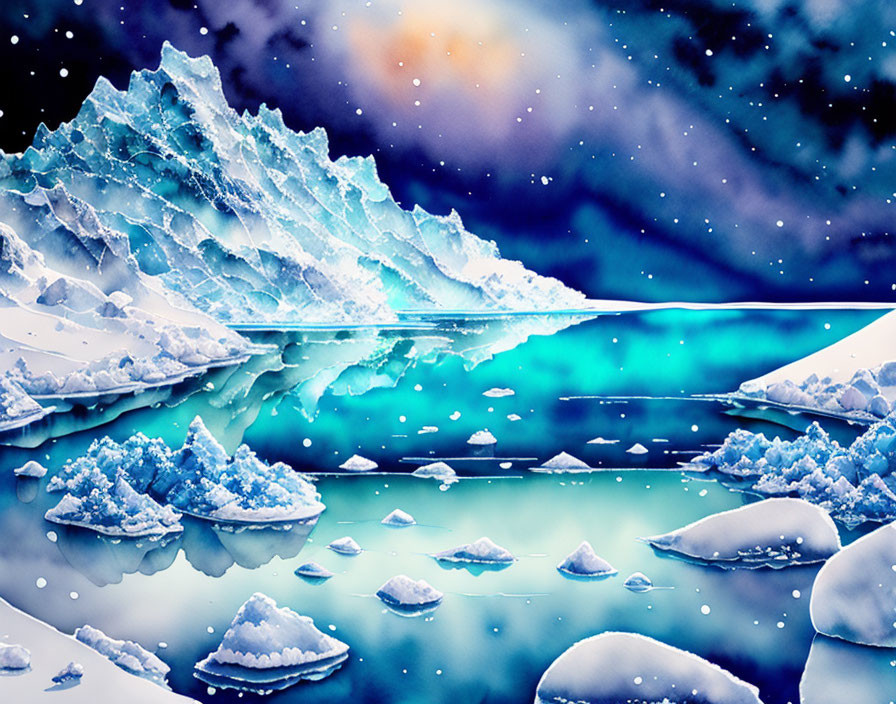 Snowy Landscape with Ice Formations and Starry Night Sky Reflections