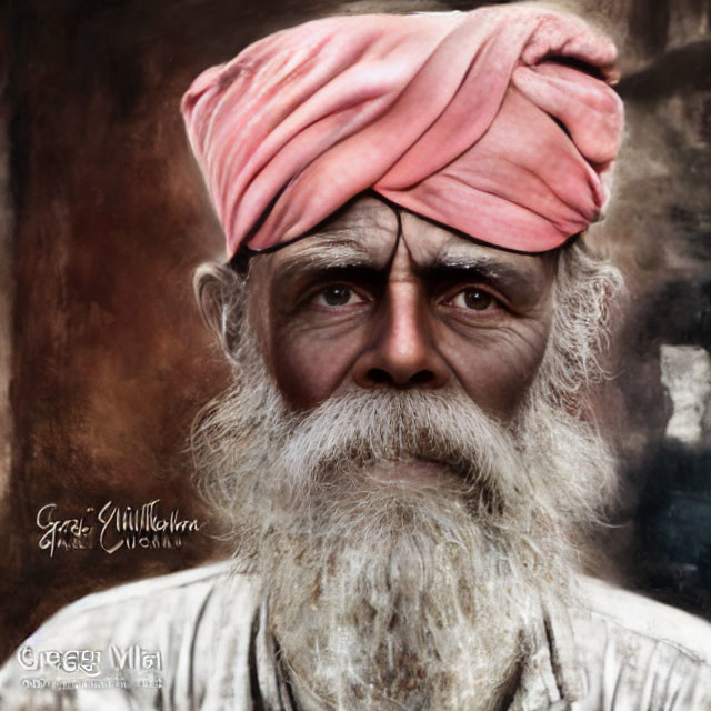 Elderly man with white beard and pink turban portrait