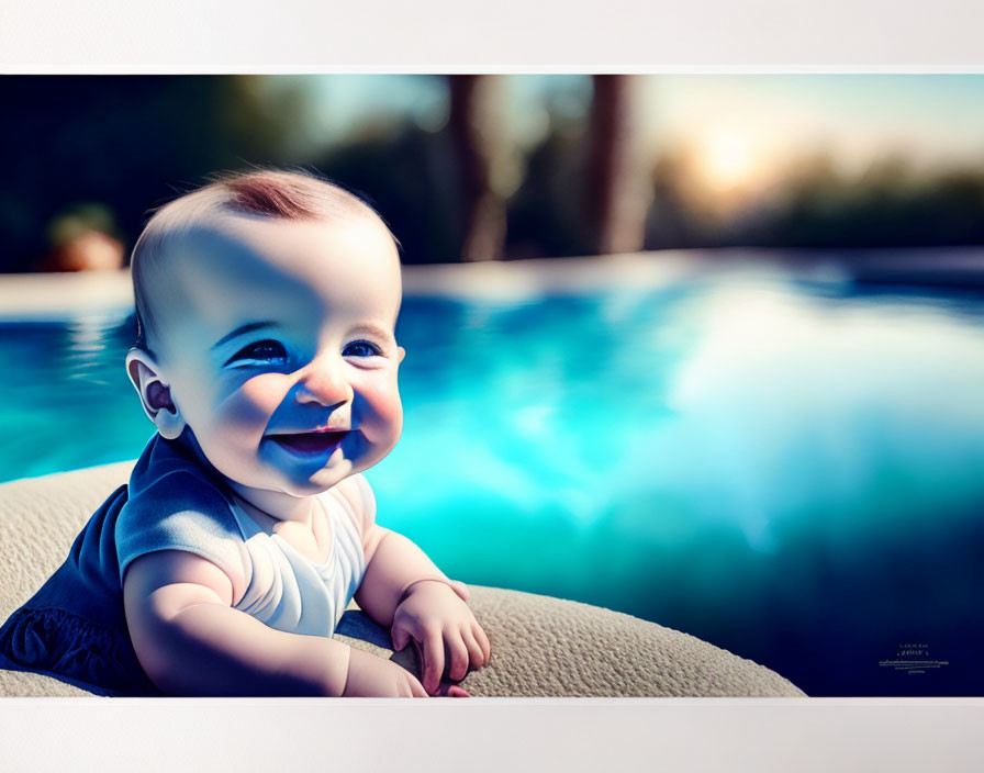 Smiling baby by pool under warm sunlight