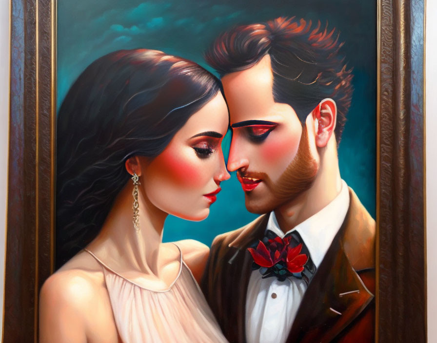 Romantic couple oil painting in ornate wooden frame