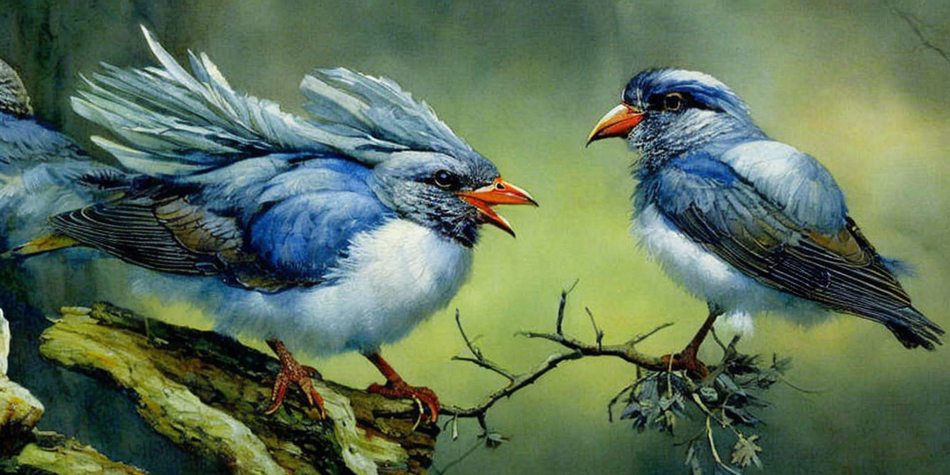 Blue and White Birds with Orange Beaks Perched on Branch in Nature Setting