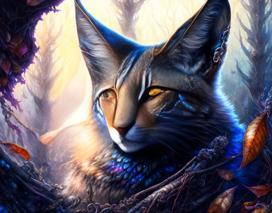 Mystical digital art: Feline with blue eyes and feathered fur in forest.