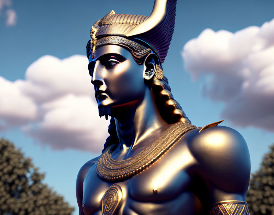 Egyptian Pharaoh Statue with Headdress and Jewelry in 3D Render