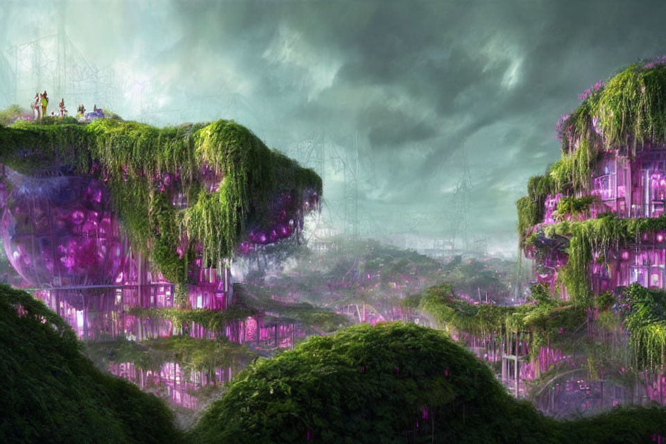 Fantastical landscape with stormy sky and purple-lit buildings nestled in lush green cliffs