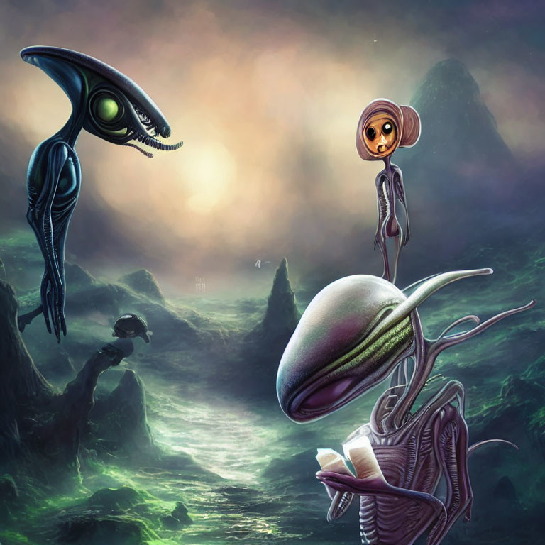 Surreal alien landscape with extraterrestrial beings in greenish atmosphere