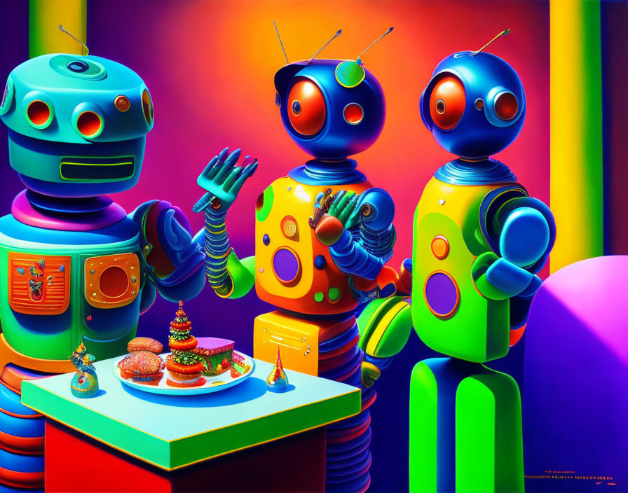 Colorful Retro Robots Enjoying Burger, Fries, and Shake