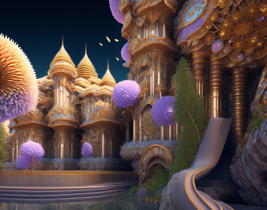 Ethereal Fantasy Palace with Golden Spires and Purple Flora