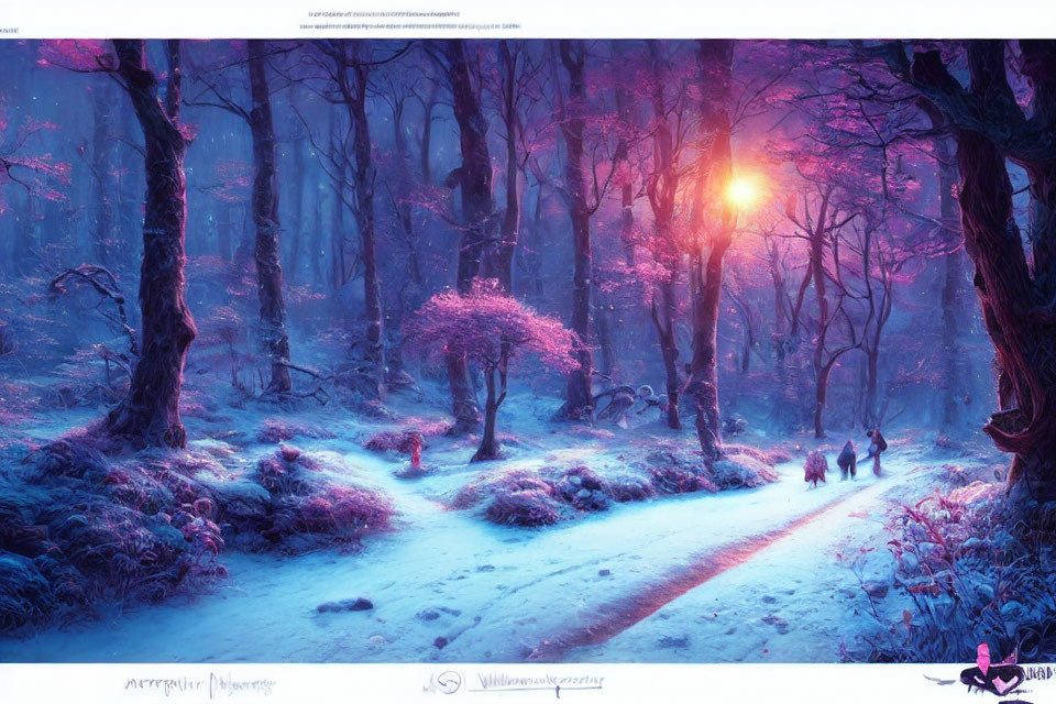 Enchanting Fantasy Forest with Purple and Blue Sunset Glow