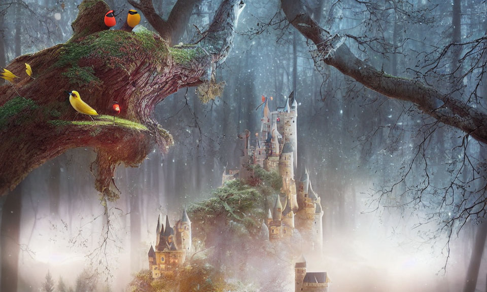 Colorful Birds and Mystical Castle in Enchanted Forest Scene