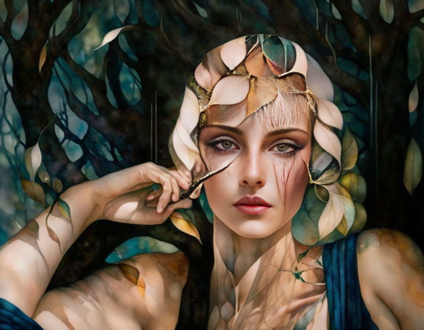 Woman with leaf headpiece blending into forest background