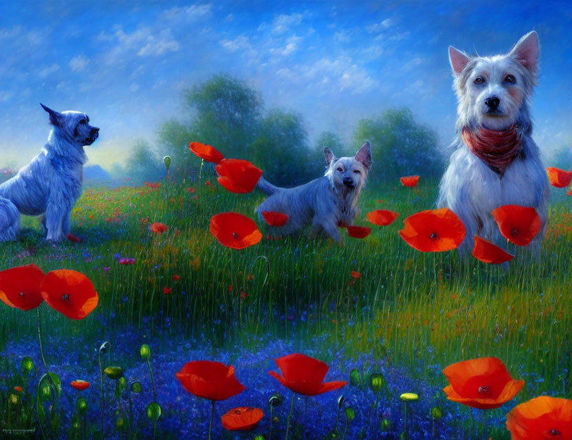 Three dogs in a poppy field under a vibrant blue sky