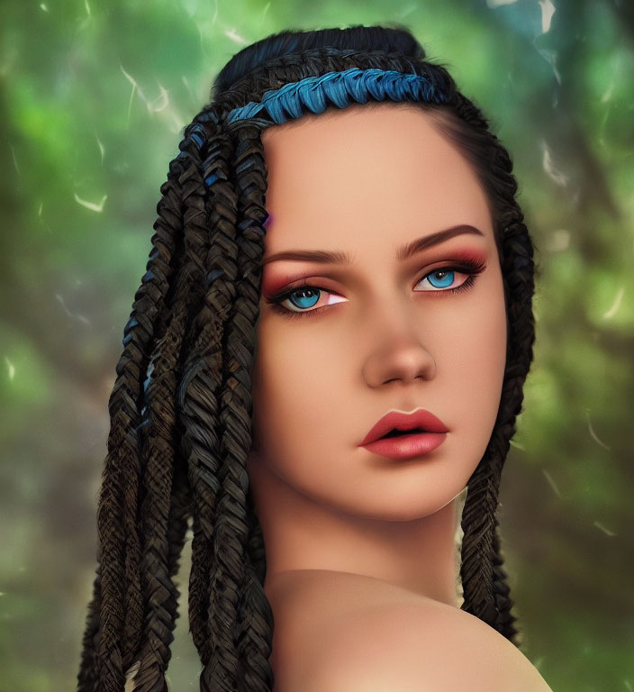 Woman's portrait with braided hair, blue highlights, and intense gaze on green backdrop