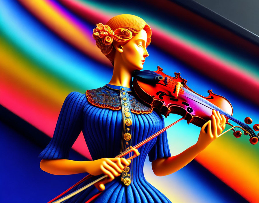 Colorful Stylized Woman Playing Violin with Rainbow Background