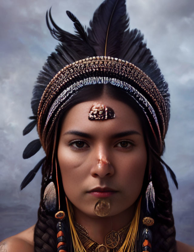 Portrait of a person in feathered headdress and traditional jewelry under cloudy sky