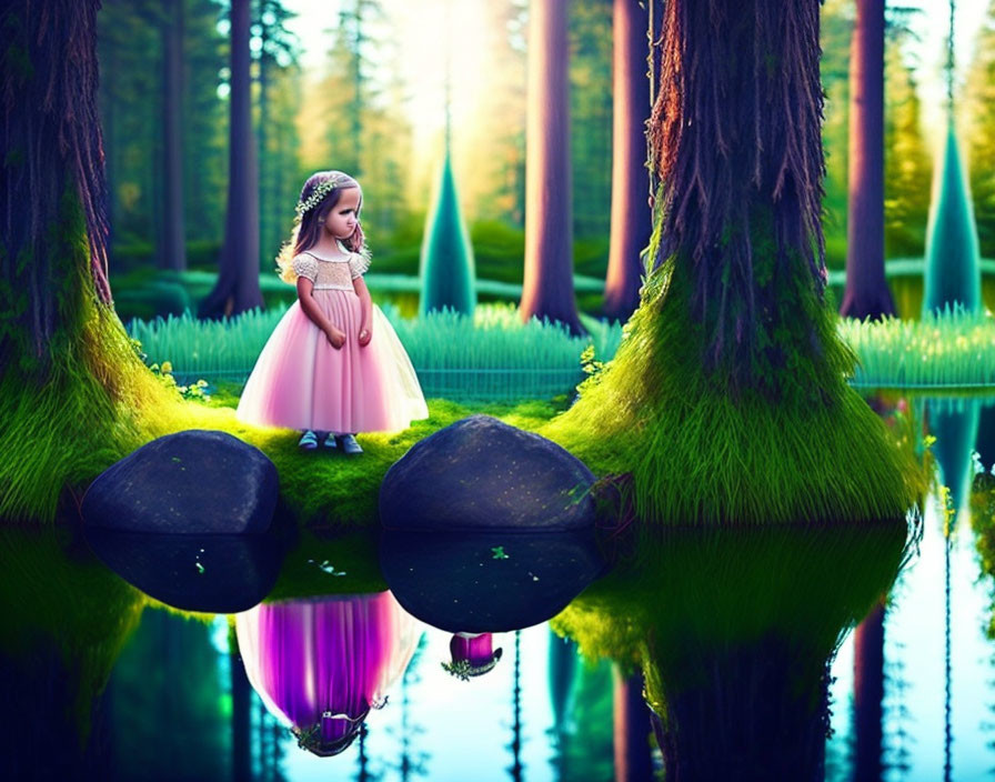 Young girl in pink dress surrounded by serene forest and water with sunlight filtering through trees