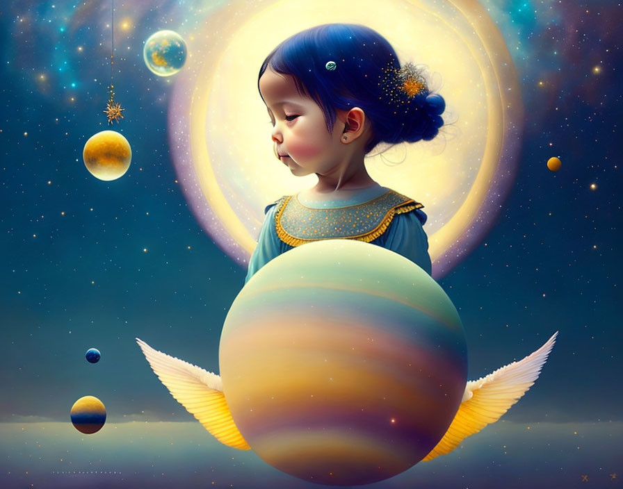 Young girl envisions cosmic scene with planets, stars, and wings.