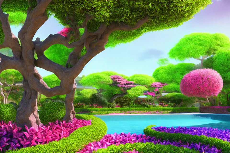 Colorful garden with topiary, pink and purple flowers, trees, and pond under sunny sky