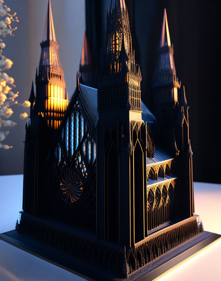 Detailed Gothic Cathedral Model Illuminated in Low Light