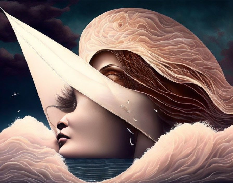 Surreal portrait: woman's face merges with waterscape and clouds