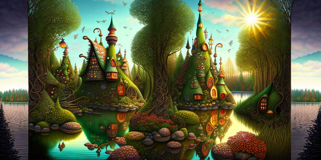 Vibrant tree-shaped houses in whimsical fairytale forest