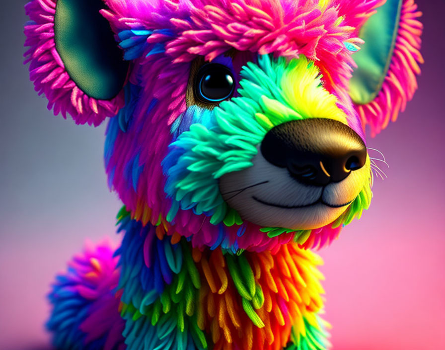 Vibrant furry creature with pink, blue, and green coat on gradient background