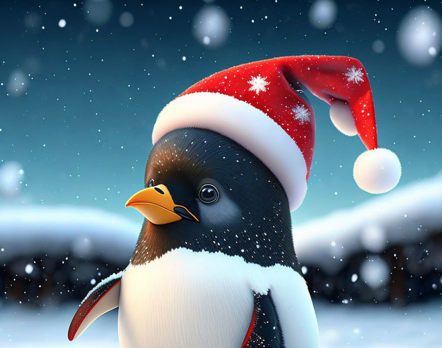 Cartoon Penguin in Santa Hat in Snowy Scene