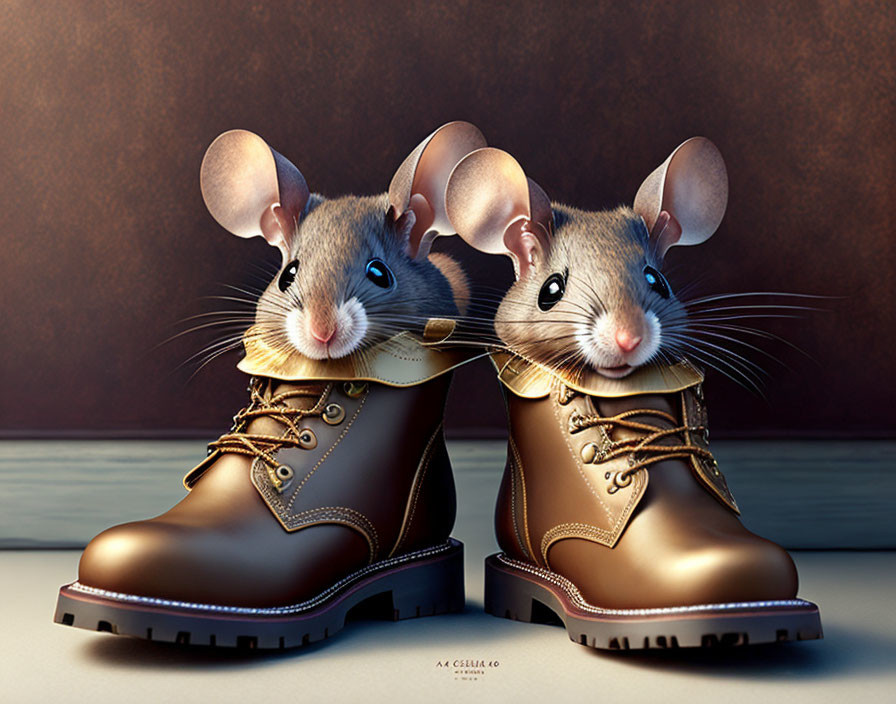 Cartoon mice in brown lace-up boots on wooden floor