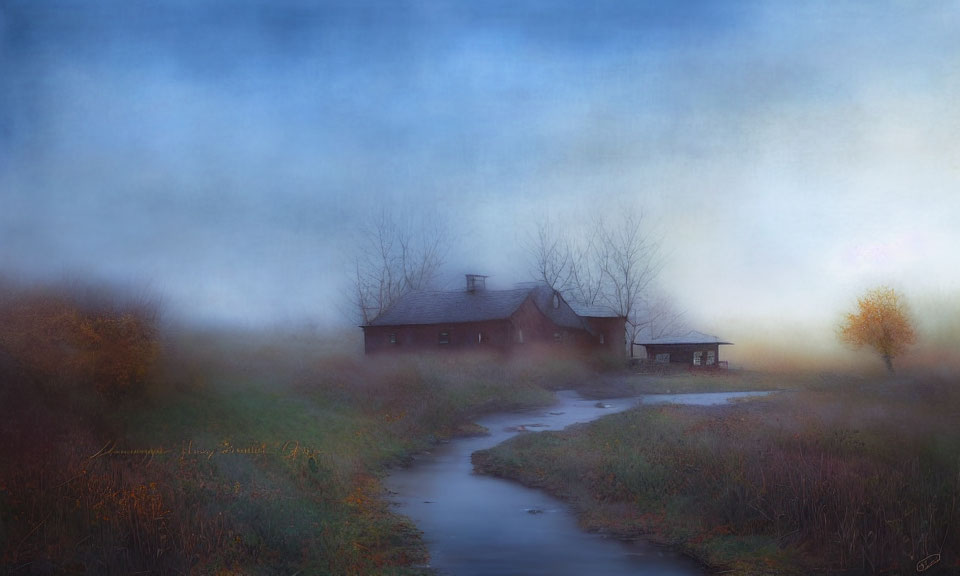 Misty landscape with stream, secluded house, bare trees.