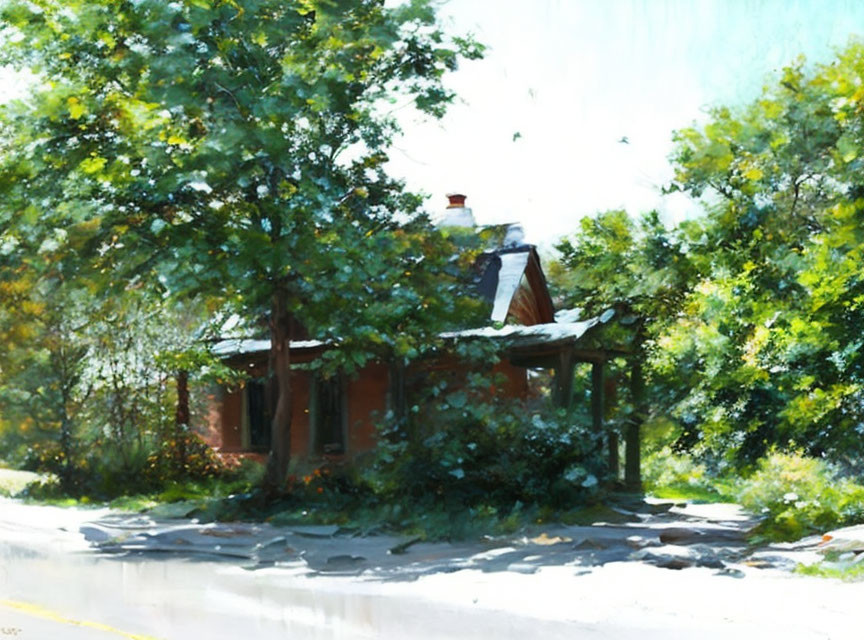 Tranquil painting of brick house and trees in sunlight