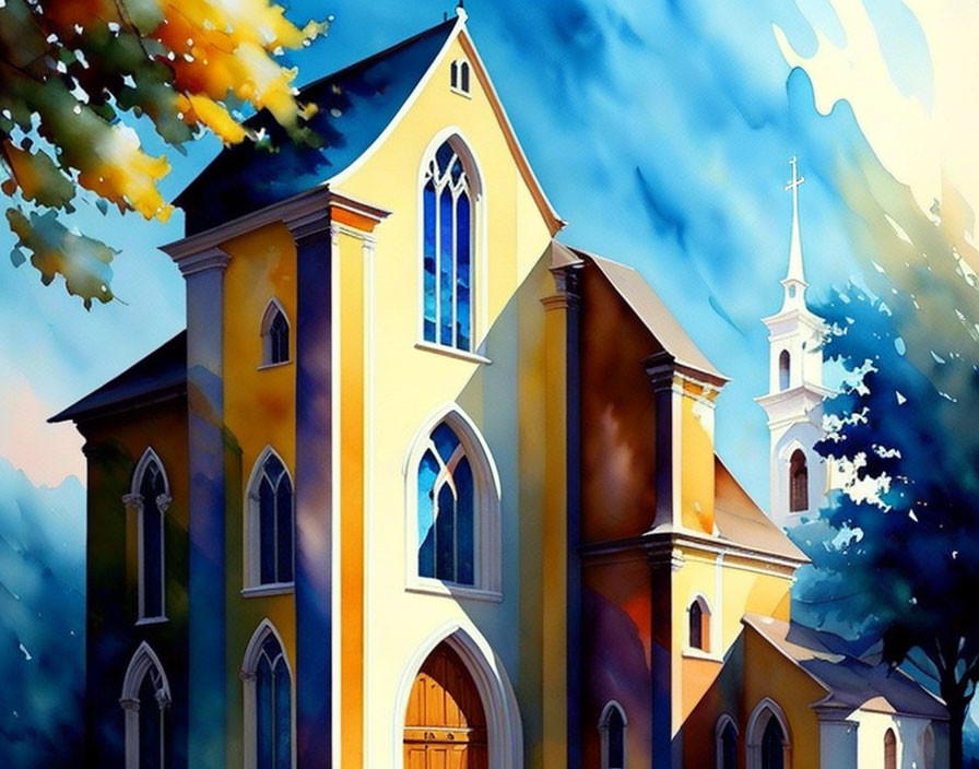 Colorful watercolor church painting with steeples and arched windows