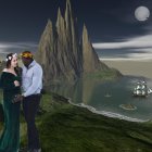 Couple in fantastical landscape with rocky spires and full moon