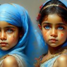 Two young girls with blue headscarves and painted faces in colorful, realistic style